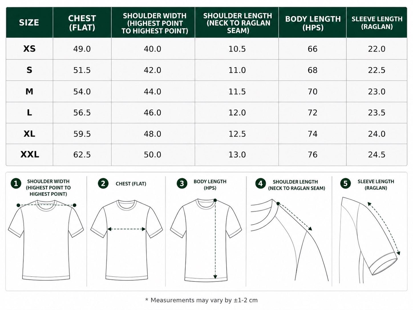 Al-Wa'd Jersey size chart: chest, shoulder width, shoulder length, body length and sleeve length for sizes XS to XXL, with diagrams showing how each is measured.