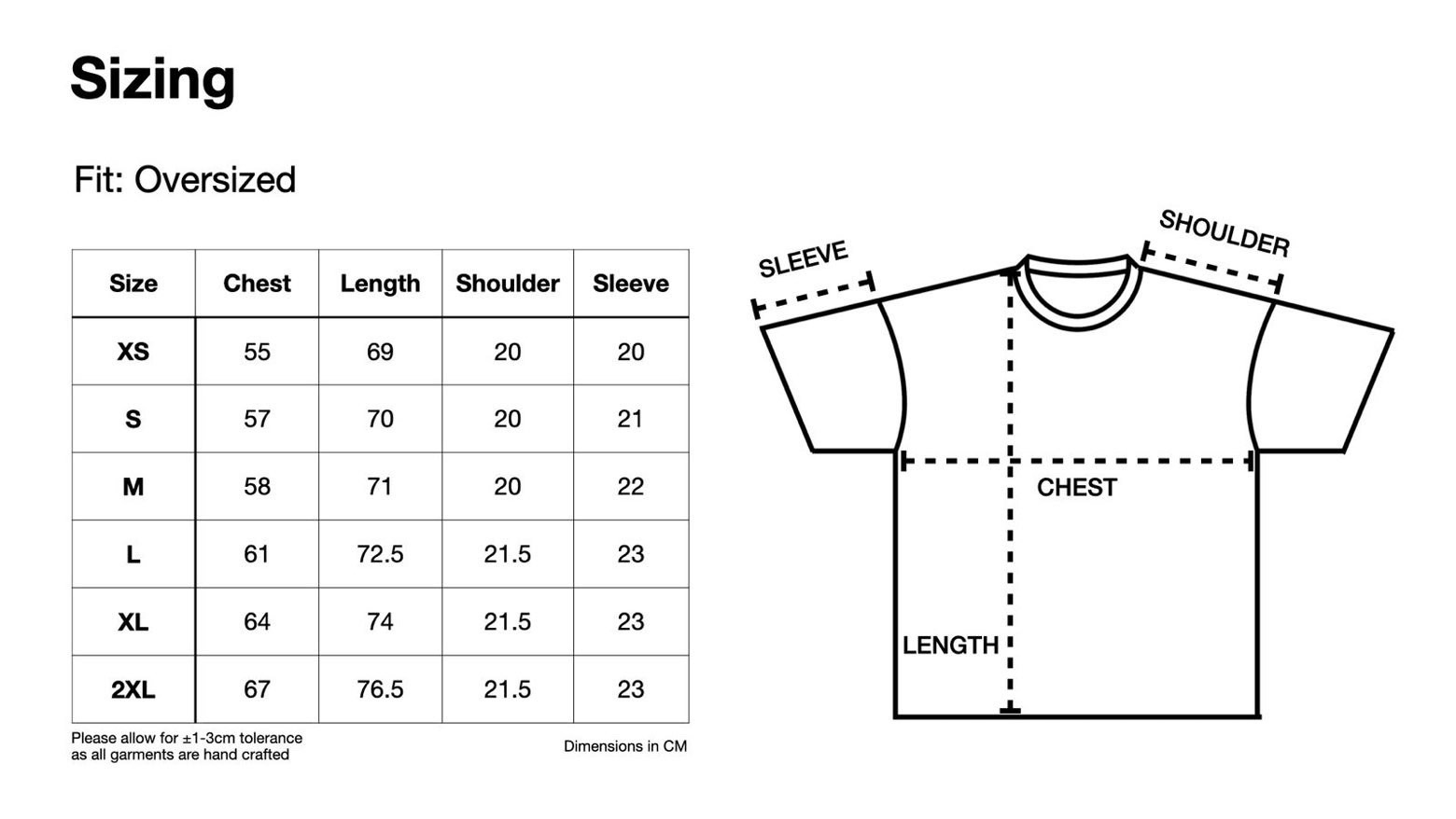 Oversized tee size chart: chest, length, shoulder and sleeve measurements for sizes XS to 2XL, with a diagram showing where each is taken.